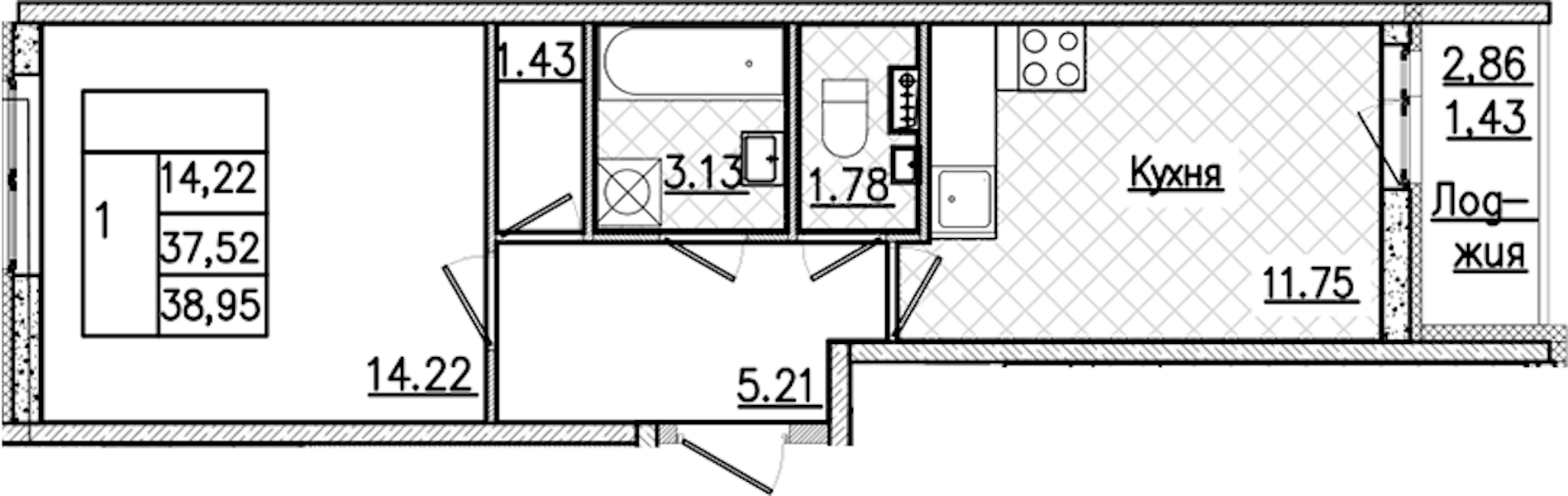 1-комнатная квартира 38.95 м², 2/9 эт., ЖК «Кинопарк»