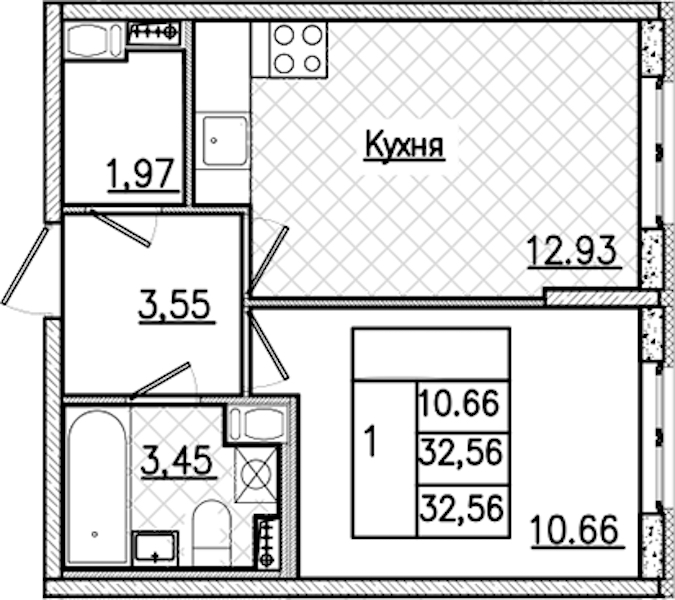 1-комнатная квартира 32.56 м², 2/9 эт., ЖК «Кинопарк»