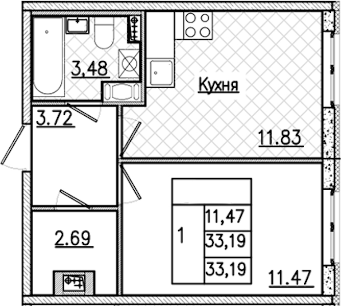 1-комнатная квартира 33.19 м², 2/9 эт., ЖК «Кинопарк»