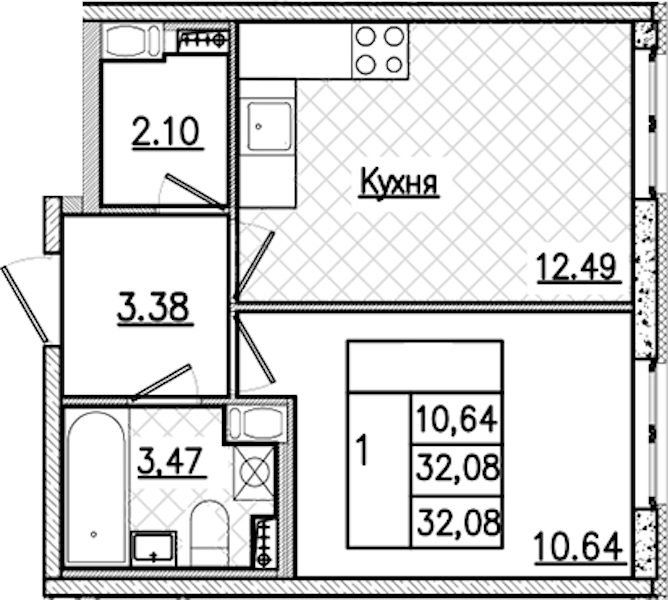 1-комнатная квартира 32.08 м², 2/9 эт., ЖК «Кинопарк»