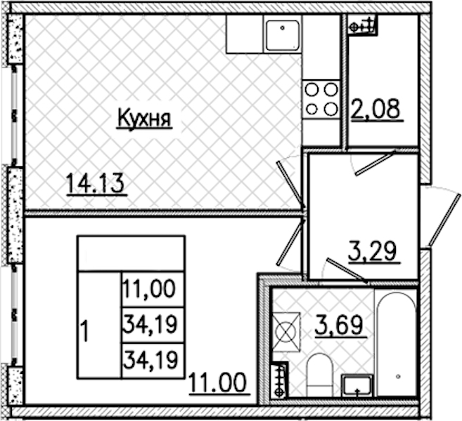1-комнатная квартира 34.19 м², 2/9 эт., ЖК «Кинопарк»