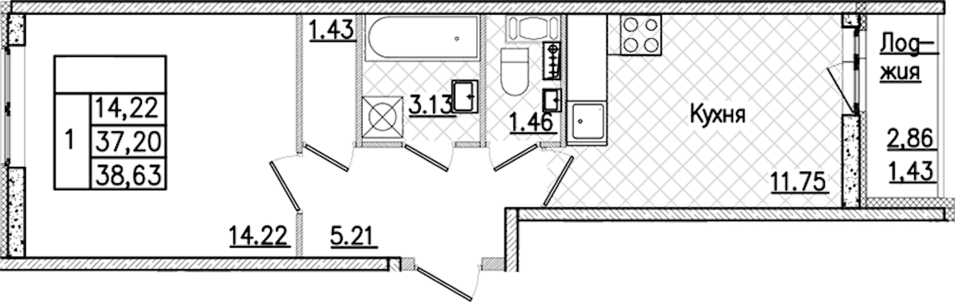 1-комнатная квартира 38.63 м², 3/9 эт., ЖК «Кинопарк»