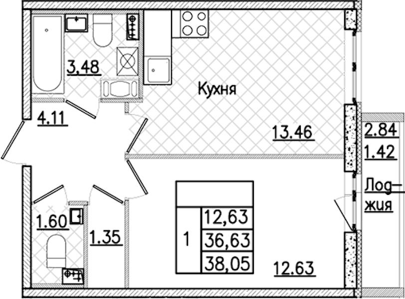 1-комнатная квартира 38.05 м², 3/9 эт., ЖК «Кинопарк»