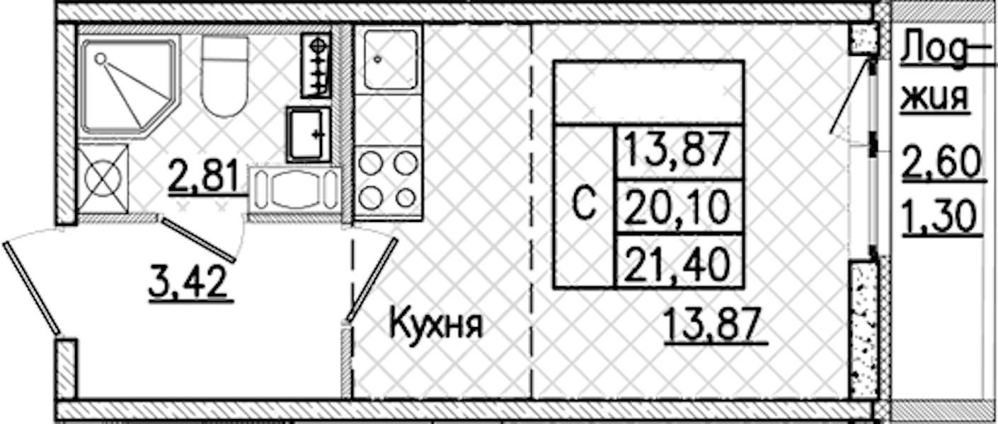 Квартира студия 21.4 м², 3/9 эт., ЖК «Кинопарк»