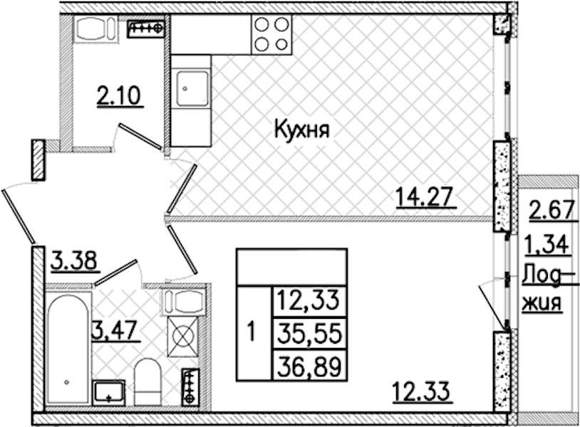 1-комнатная квартира 36.89 м², 3/9 эт., ЖК «Кинопарк»
