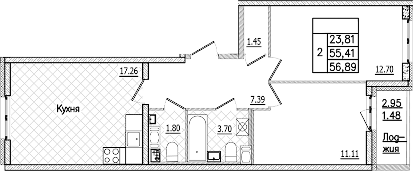 2-комнатная квартира 56.89 м², 3/9 эт., ЖК «Кинопарк»