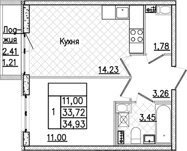 1-комнатная квартира 34.93 м², 3/9 эт., ЖК «Кинопарк»