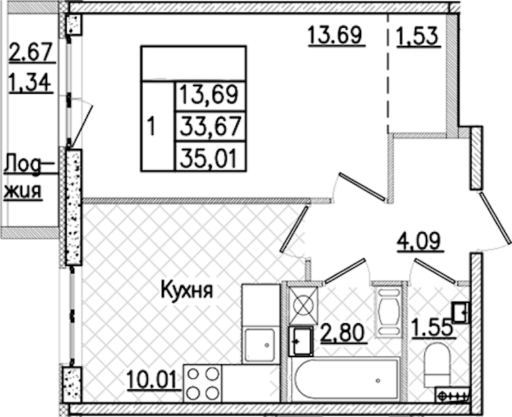 1-комнатная квартира 35.01 м², 6/9 эт., ЖК «Кинопарк»