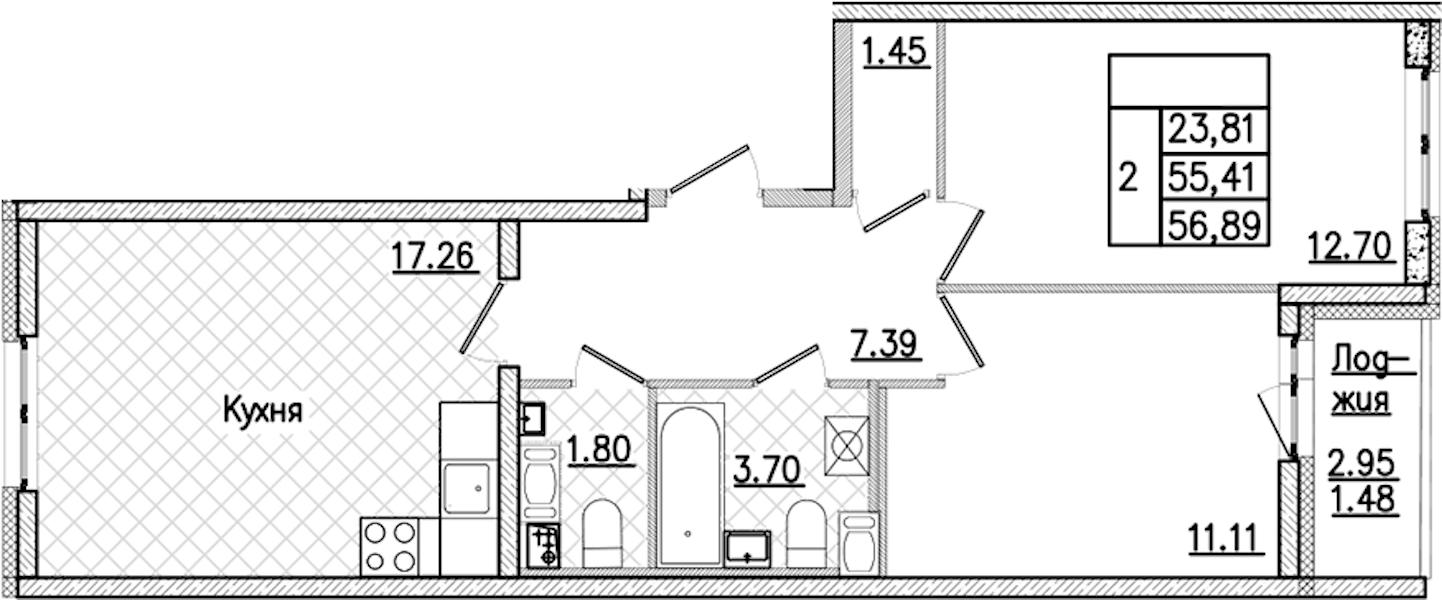 2-комнатная квартира 56.89 м², 6/9 эт., ЖК «Кинопарк»
