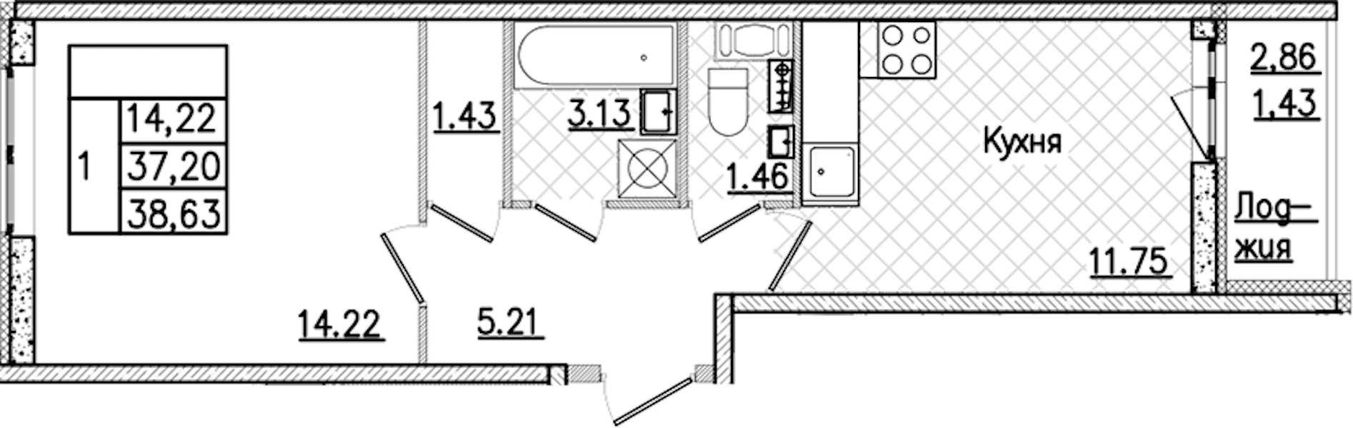 1-комнатная квартира 38.63 м², 7/9 эт., ЖК «Кинопарк»