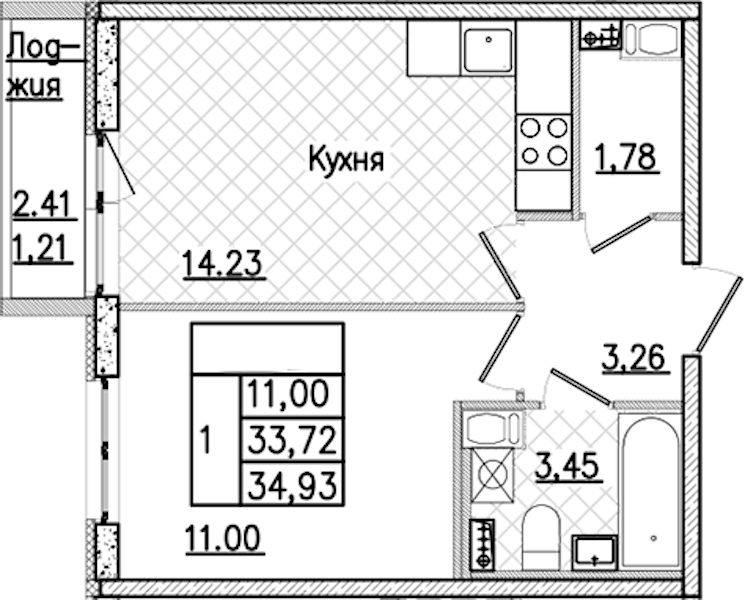 1-комнатная квартира 34.93 м², 7/9 эт., ЖК «Кинопарк»