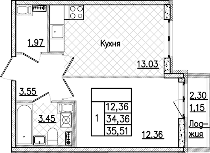 1-комнатная квартира 35.51 м², 8/9 эт., ЖК «Кинопарк»