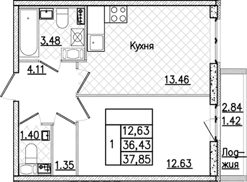 1-комнатная квартира 37.85 м², 9/9 эт., ЖК «Кинопарк»