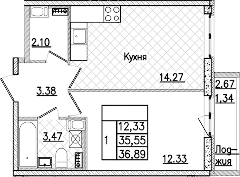 1-комнатная квартира 36.89 м², 9/9 эт., ЖК «Кинопарк»