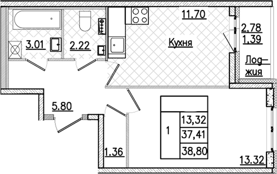 1-комнатная квартира 38.8 м², 1/9 эт., ЖК «Кинопарк»
