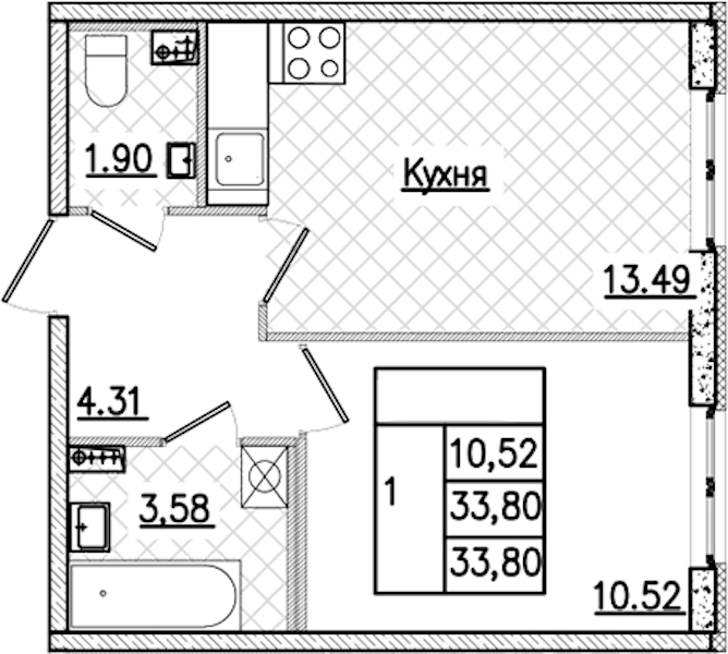 1-комнатная квартира 33.8 м², 1/9 эт., ЖК «Кинопарк»