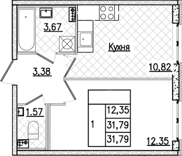1-комнатная квартира 31.79 м², 1/9 эт., ЖК «Кинопарк»
