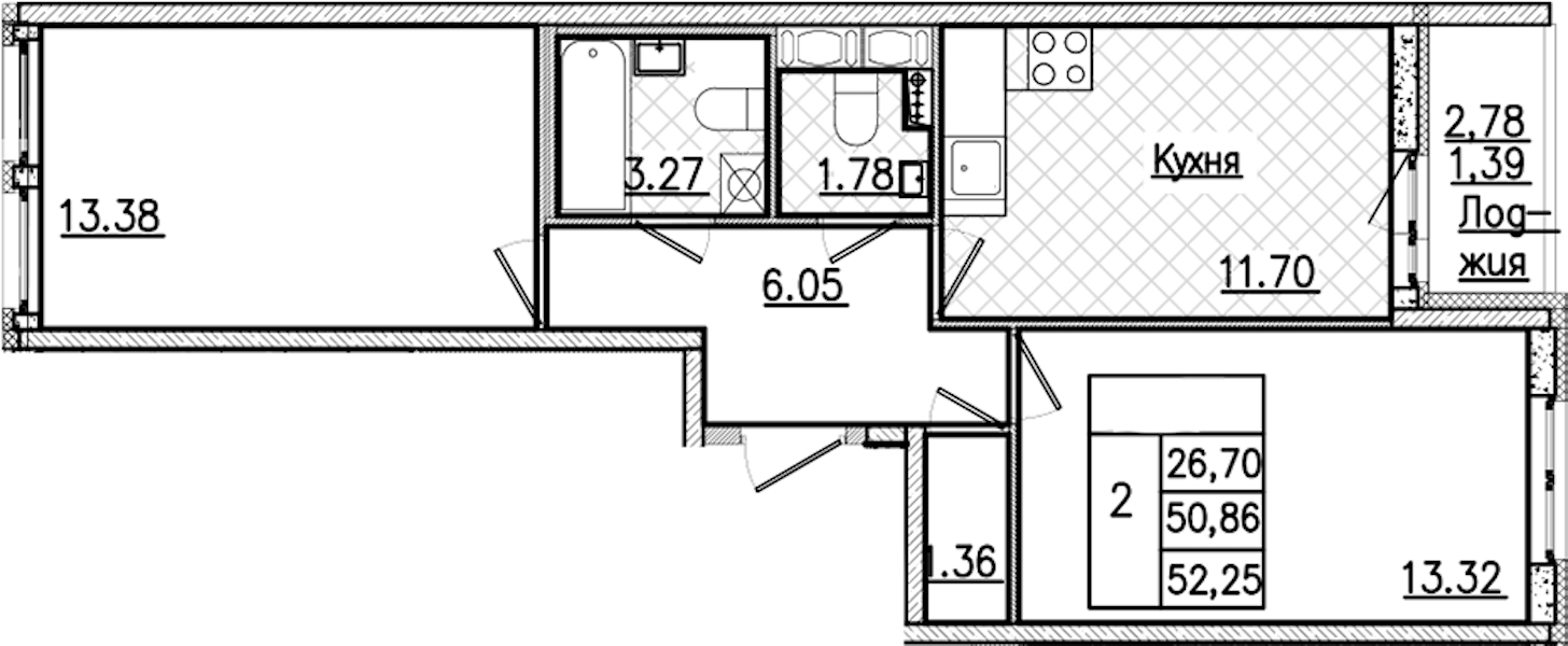 2-комнатная квартира 52.25 м², 2/9 эт., ЖК «Кинопарк»