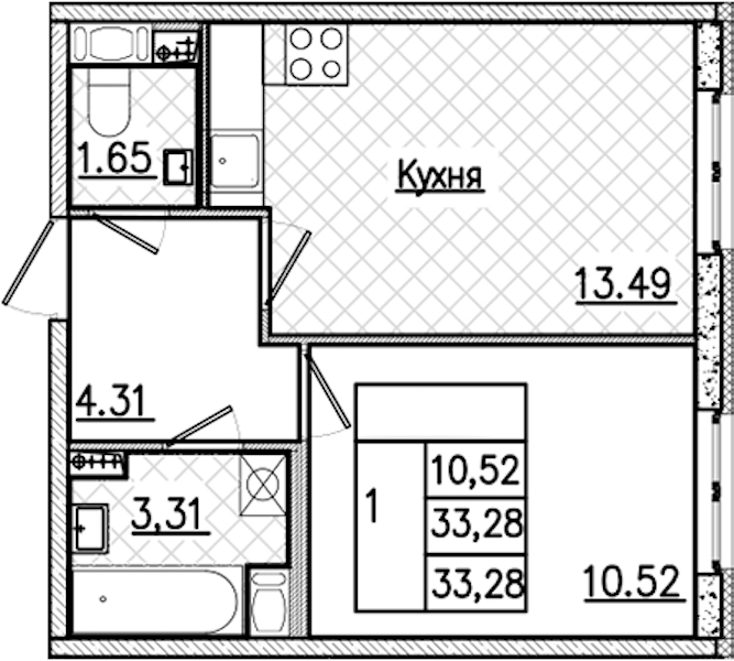 1-комнатная квартира 33.28 м², 2/9 эт., ЖК «Кинопарк»