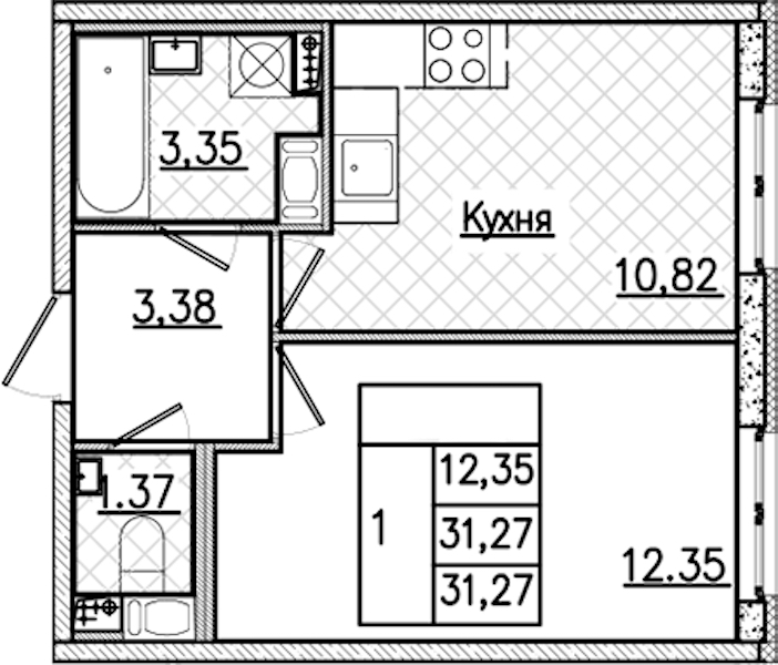 1-комнатная квартира 31.27 м², 2/9 эт., ЖК «Кинопарк»