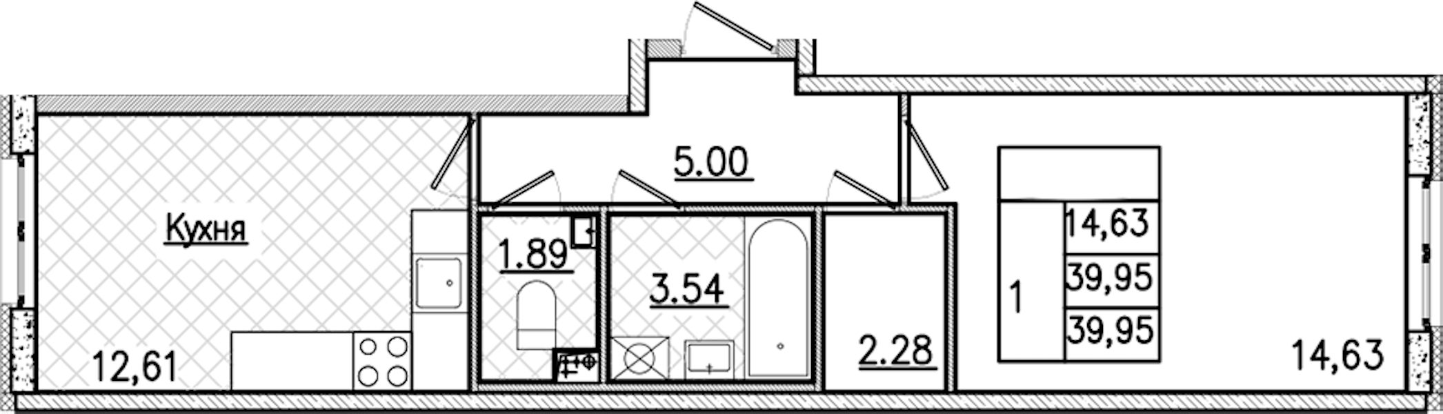 1-комнатная квартира 39.95 м², 2/9 эт., ЖК «Кинопарк»