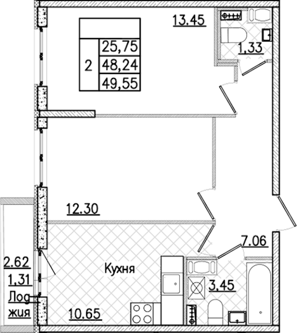 2-комнатная квартира 49.55 м², 3/9 эт., ЖК «Кинопарк»