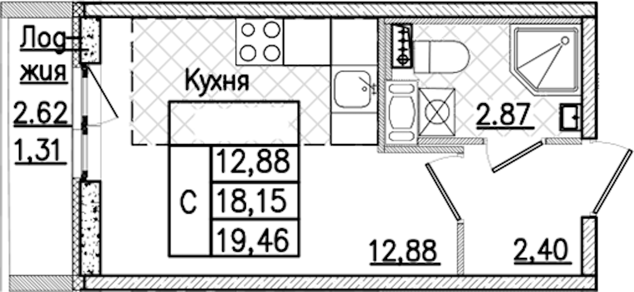 Квартира студия 19.46 м², 3/9 эт., ЖК «Кинопарк»