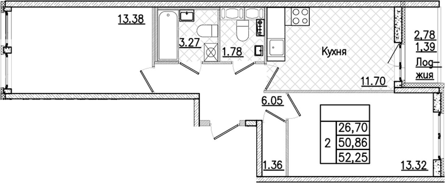 2-комнатная квартира 52.25 м², 3/9 эт., ЖК «Кинопарк»