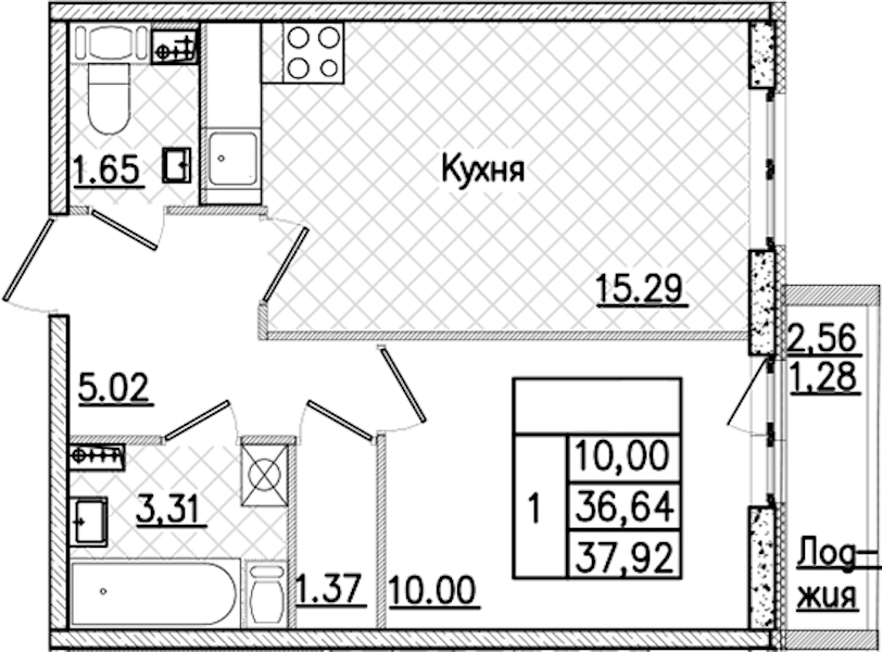1-комнатная квартира 37.92 м², 3/9 эт., ЖК «Кинопарк»