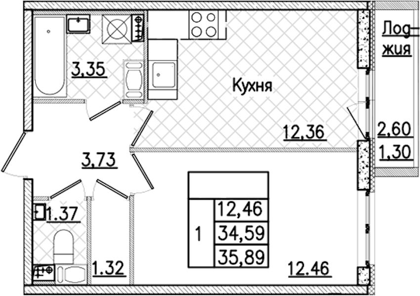 1-комнатная квартира 35.89 м², 3/9 эт., ЖК «Кинопарк»