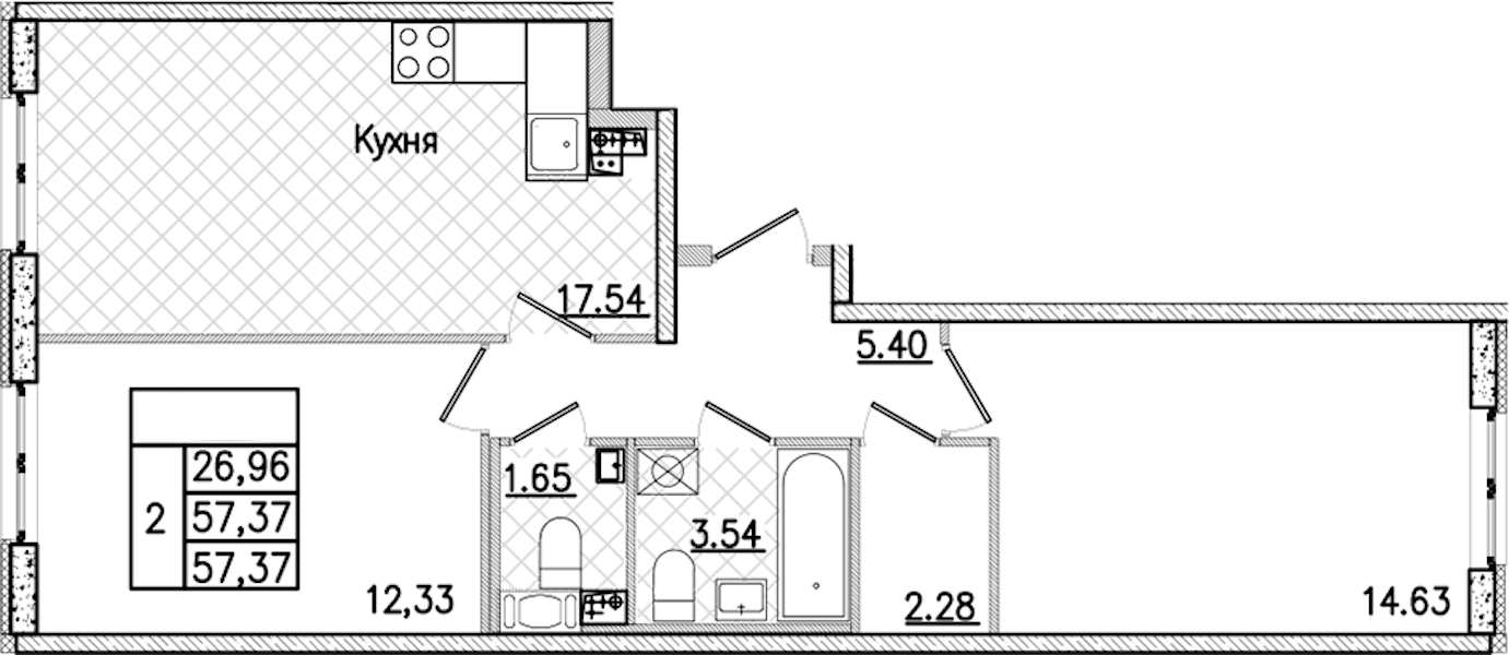 2-комнатная квартира 57.37 м², 3/9 эт., ЖК «Кинопарк»