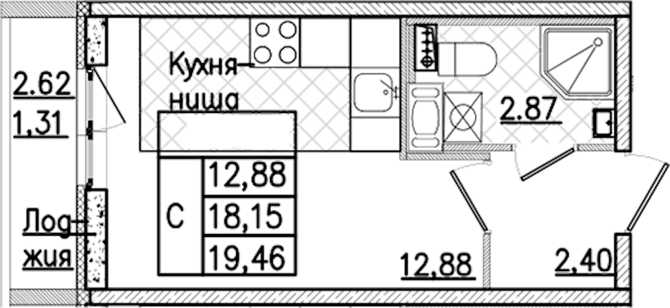 Квартира студия 19.46 м², 5/9 эт., ЖК «Кинопарк»