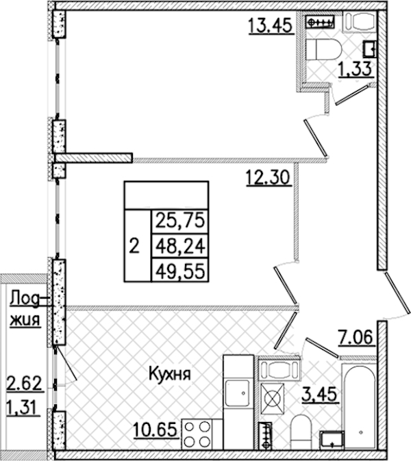 2-комнатная квартира 49.55 м², 6/9 эт., ЖК «Кинопарк»