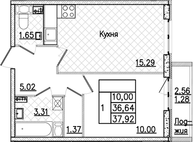 1-комнатная квартира 37.92 м², 7/9 эт., ЖК «Кинопарк»