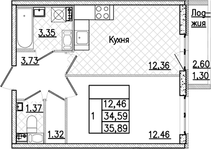 1-комнатная квартира 35.89 м², 8/9 эт., ЖК «Кинопарк»