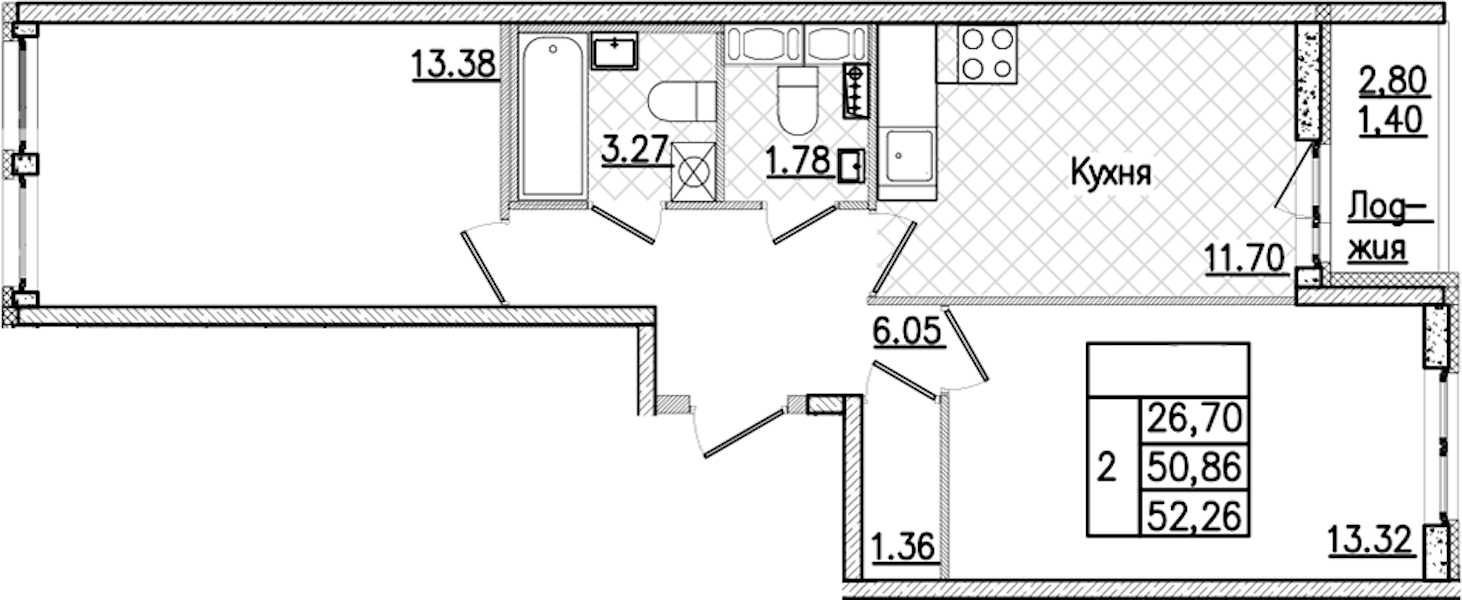 2-комнатная квартира 52.26 м², 9/9 эт., ЖК «Кинопарк»