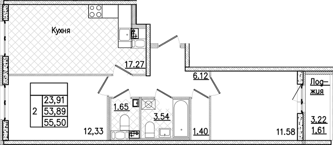 2-комнатная квартира 55.5 м², 9/9 эт., ЖК «Кинопарк»