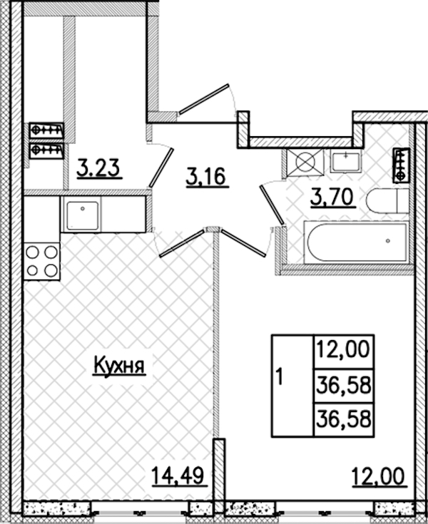 1-комнатная квартира 36.58 м², 1/9 эт., ЖК «Кинопарк»