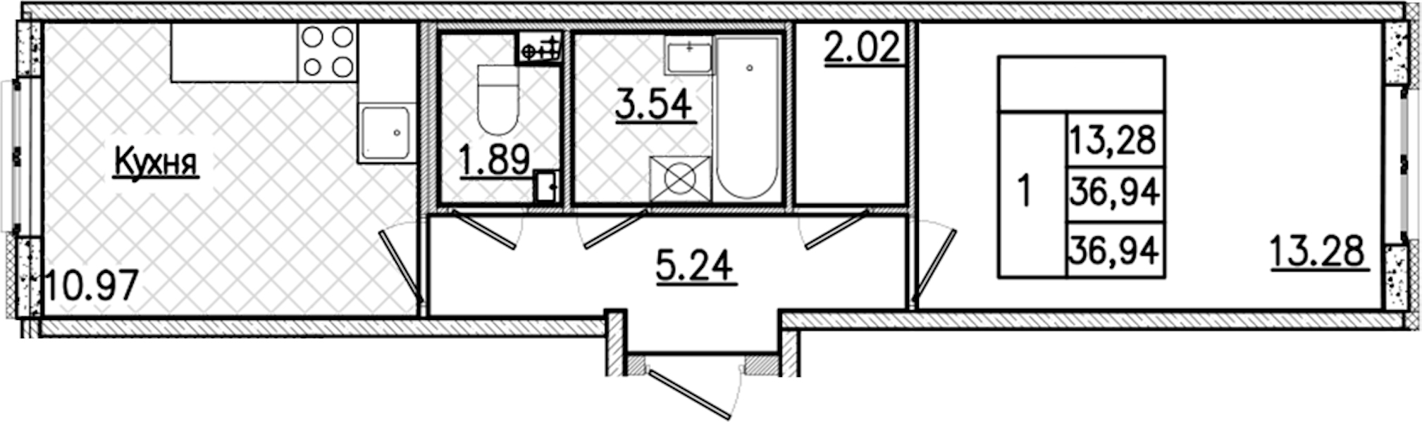 1-комнатная квартира 36.94 м², 2/9 эт., ЖК «Кинопарк»