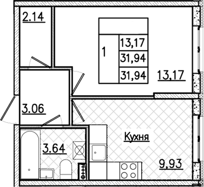 1-комнатная квартира 31.94 м², 2/9 эт., ЖК «Кинопарк»