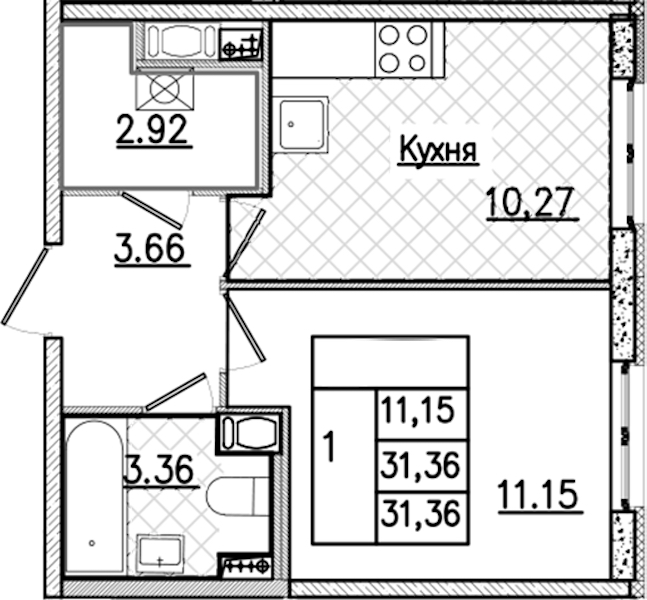 1-комнатная квартира 31.36 м², 2/9 эт., ЖК «Кинопарк»