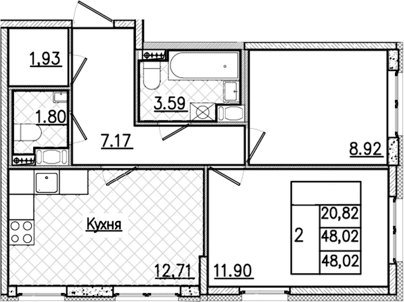 2-комнатная квартира 48.02 м², 2/9 эт., ЖК «Кинопарк»