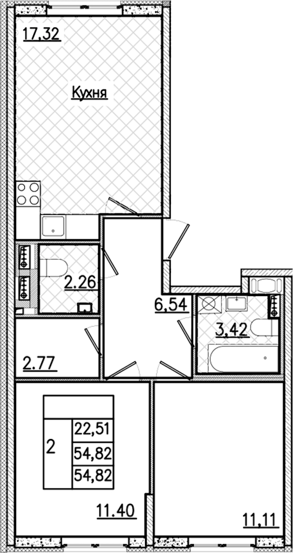 2-комнатная квартира 54.82 м², 2/9 эт., ЖК «Кинопарк»