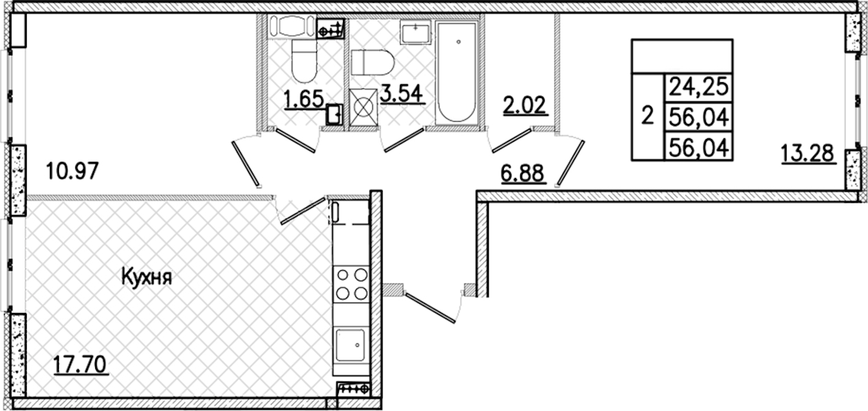 2-комнатная квартира 56.04 м², 3/9 эт., ЖК «Кинопарк»
