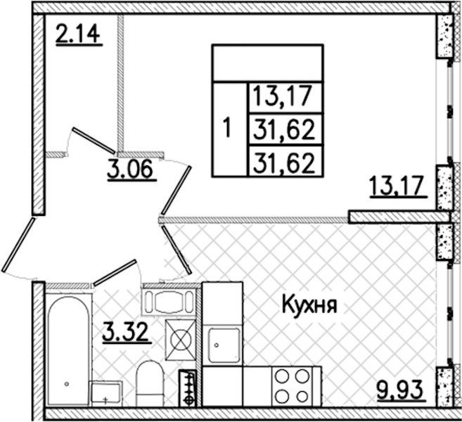 1-комнатная квартира 31.62 м², 3/9 эт., ЖК «Кинопарк»