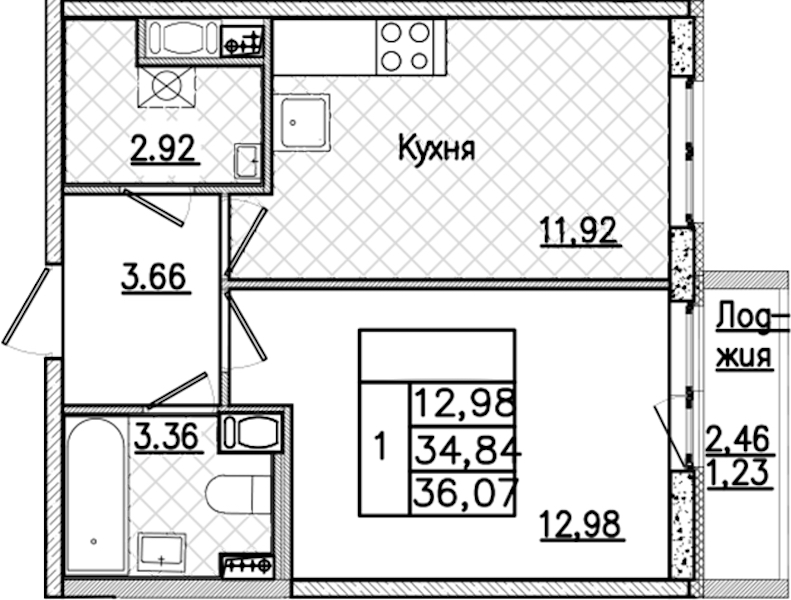 1-комнатная квартира 36.07 м², 3/9 эт., ЖК «Кинопарк»