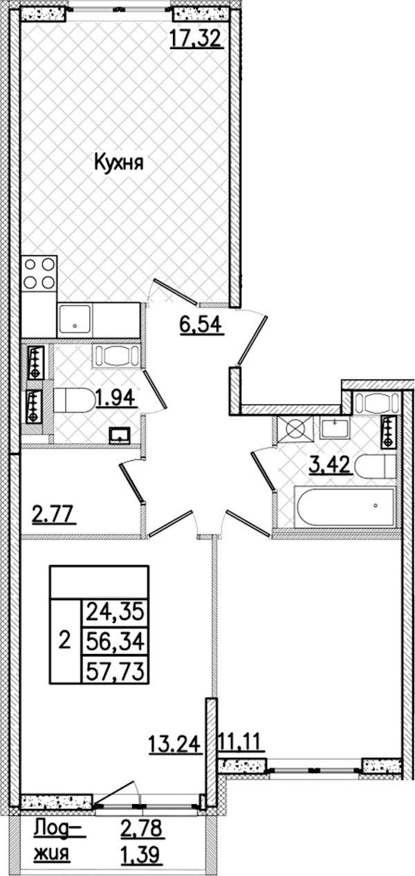 2-комнатная квартира 57.73 м², 3/9 эт., ЖК «Кинопарк»