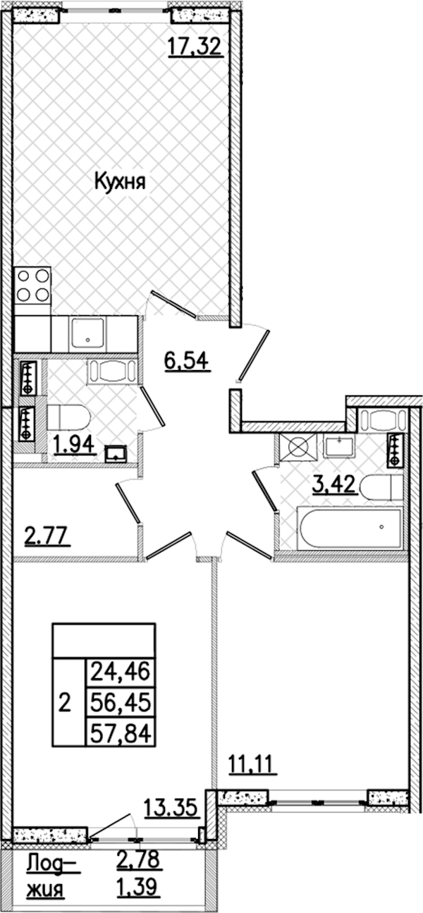 2-комнатная квартира 57.84 м², 5/9 эт., ЖК «Кинопарк»