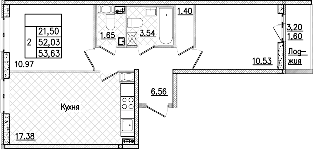 2-комнатная квартира 53.63 м², 6/9 эт., ЖК «Кинопарк»