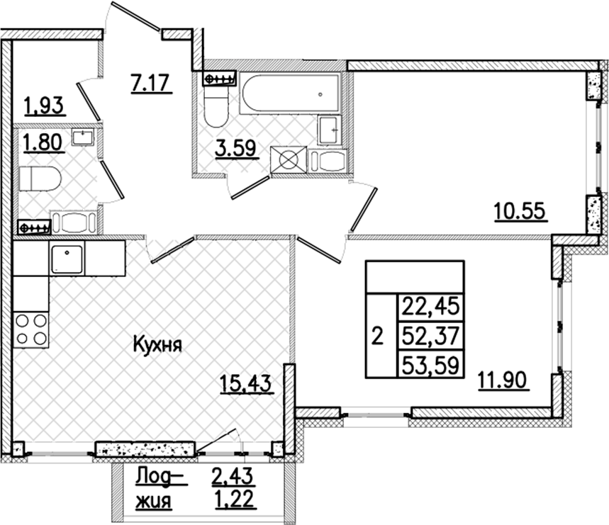 2-комнатная квартира 53.59 м², 6/9 эт., ЖК «Кинопарк»